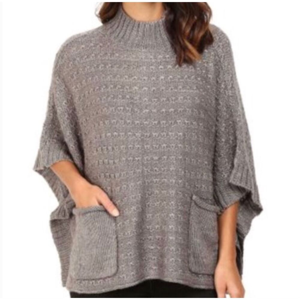 LAmade High Neck Knit Poncho Sweater Gray